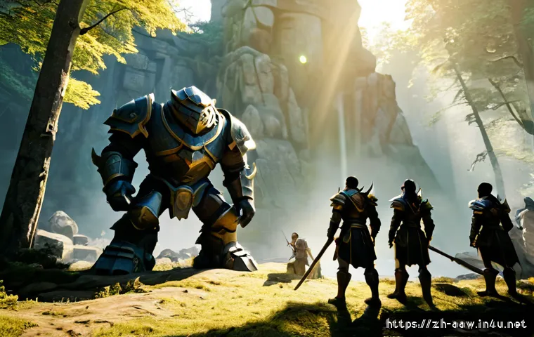 아키에이지 PvE와 PvP 비교 - Photorealistic high-fantasy PvE adventure scene, a small team of armored adventurers cooperating aga...
