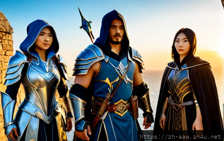 아키에이지 상위 직업 가이드 - Photorealistic high-fantasy class comparison scene, three distinct heroic adventurers standing in a ...